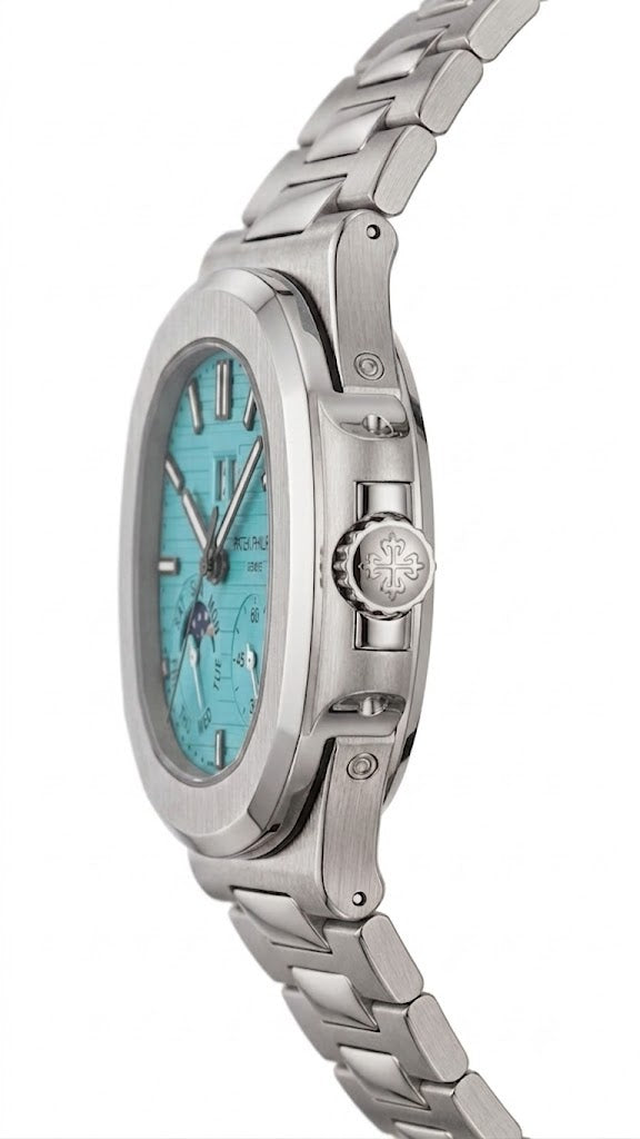 Luxury Nautilus-Style Stainless Steel Watch – Aqua Blue Dial, Multi-Function Display