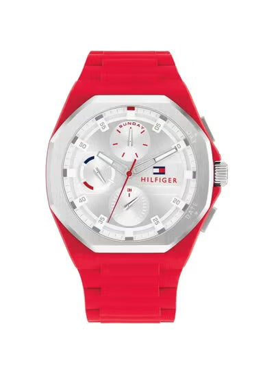 Tommy Hilfiger Neo Men’s Watch – Silver Dial with Red Silicone Strap, Quartz 44mm (1792123)