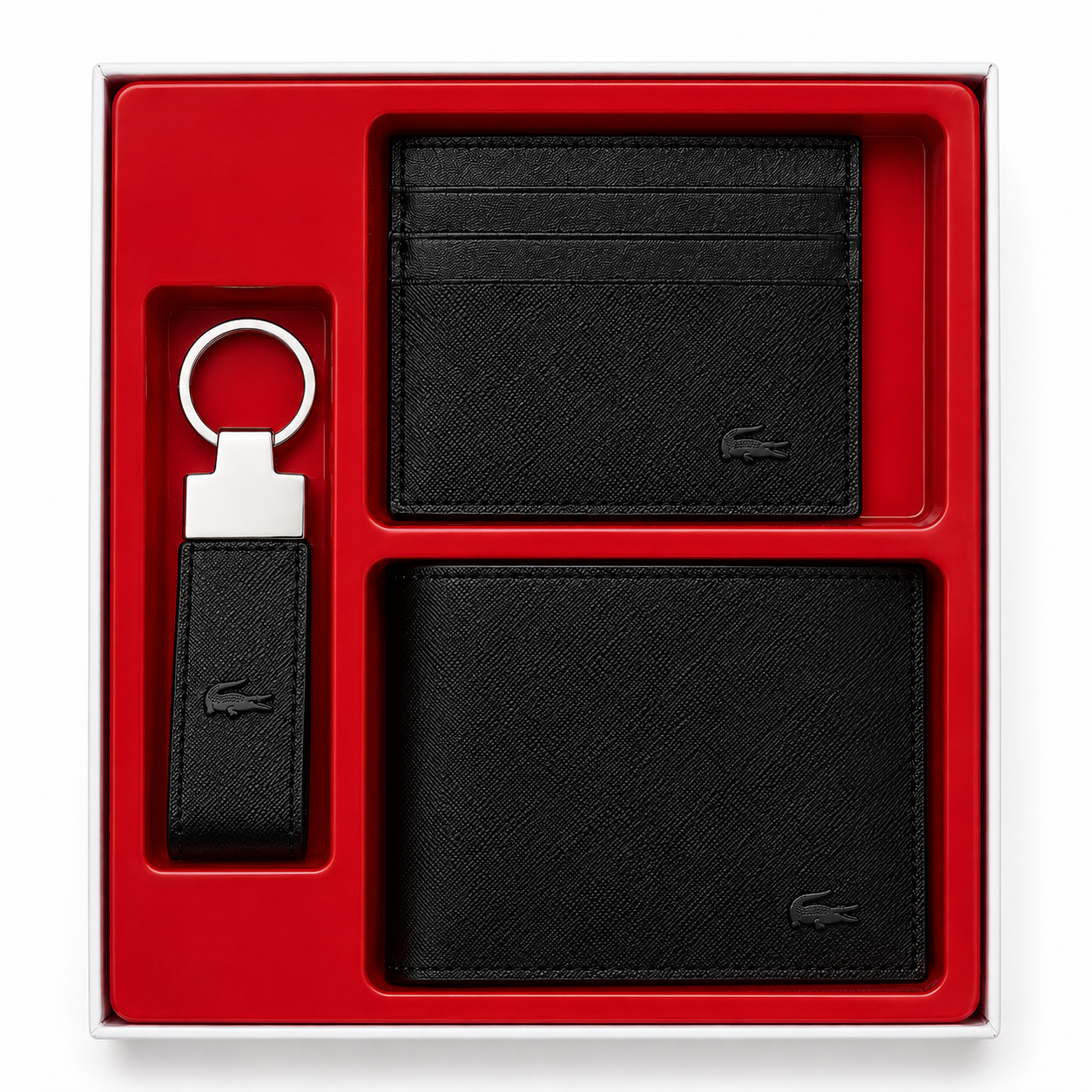 LACOSTE Men's Premium Leather Gift Set – Black Wallet, Card Holder & Keychain#01