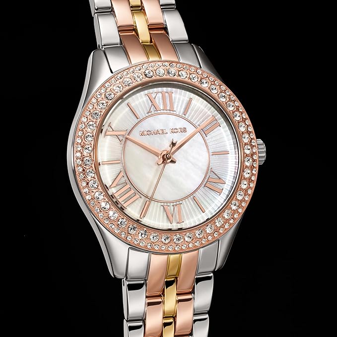 Michael Kors Harlowe Two-Tone MK4846 Women’s Watch – Crystal Bezel, Mother-of-Pearl Dial, Multicolor Stainless Steel Bracelet, 33mm, Quartz