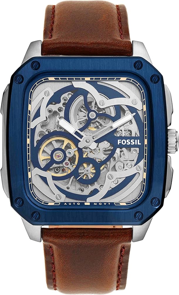 Fossil Inscription Automatic Skeleton Watch – Blue Dial with Brown Leather Strap (Model BQ2571)