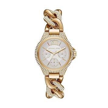Michael Kors Camille Women’s Chronograph Watch – Gold Stainless Steel with White Dial & Pavé Crystal Bezel | 34mm | MK6842