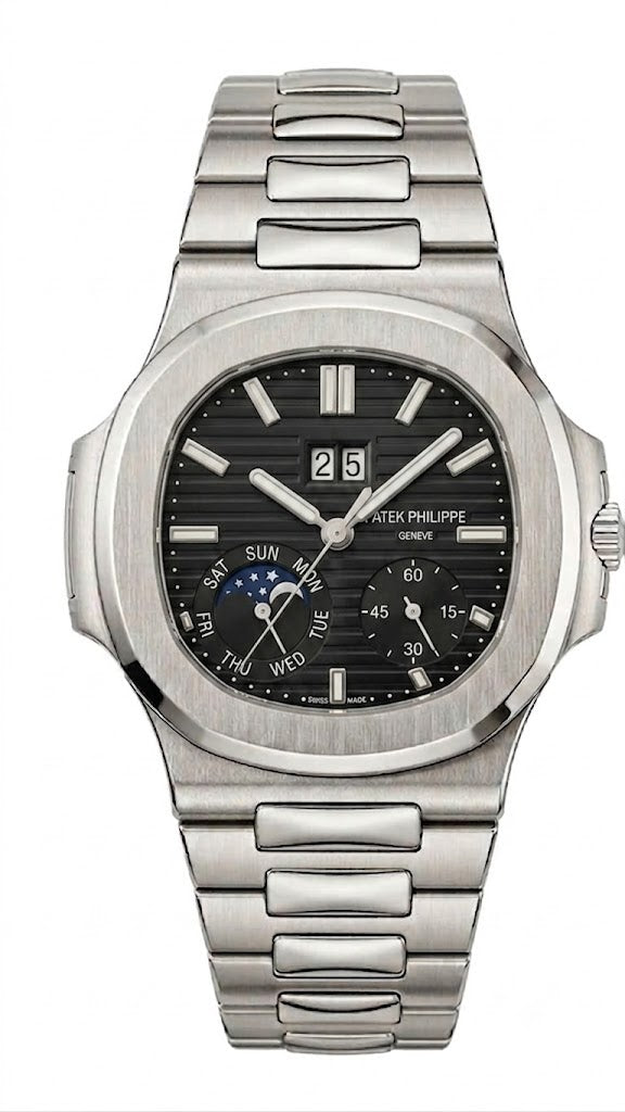 Luxury Nautilus-Style Stainless Steel Watch – Black Dial, Multi-Function Display