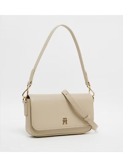 Tommy Hilfiger Women's Beige Crossbody & Shoulder Bag with Gold TH Logo – Adjustable Strap#004