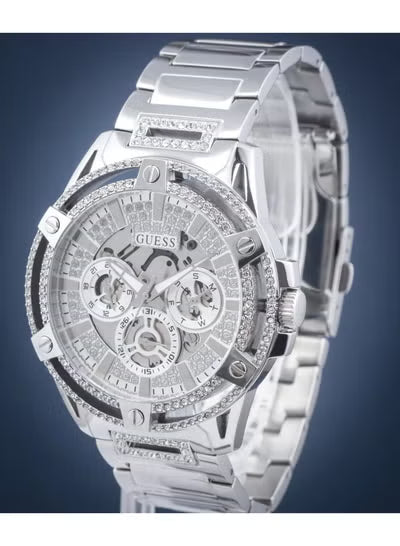Guess GW0497G1 King Men's Multi-Function Watch – Silver Skeleton Dial with Crystals, Stainless Steel Bracelet, 48mm Quartz