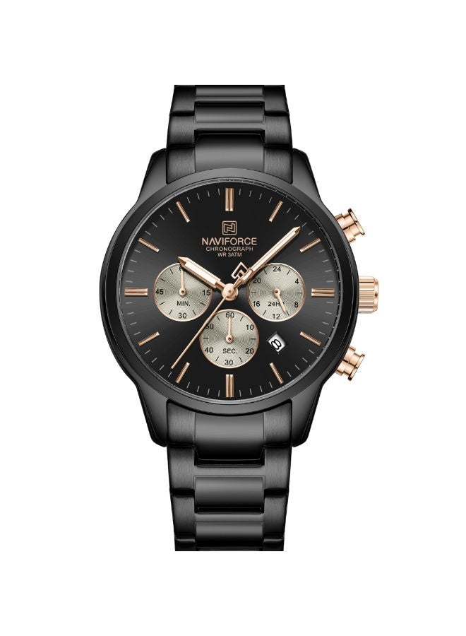 Naviforce NF-8076 Men’s Chronograph Watch – Black Dial & Black Stainless Steel Strap with Rose Gold Buttons – 42mm, Date, 3ATM Waterproof