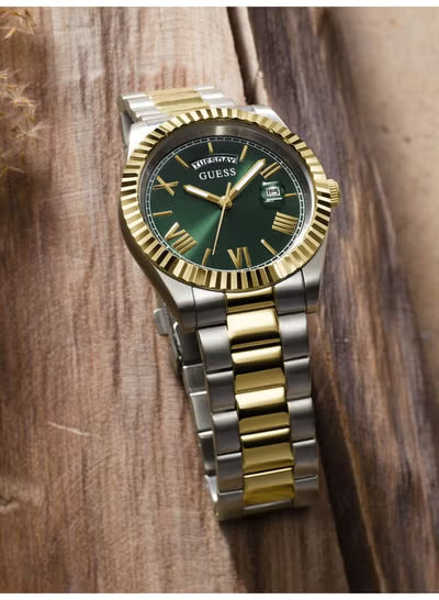 Guess Connoisseur Men’s Day-Date Watch GW0265G8 – 42mm Two-Tone Stainless Steel, Green Sunray Dial, Quartz Movement