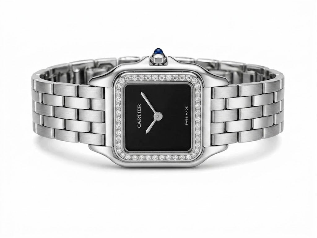Cartier Panthère-Inspired Women’s Silver-Tone Square Watch with Sparkling Rhinestone-Set Bezel & Black Dial (Small Case) Dimensions: 25.1 × 18.5 mm
