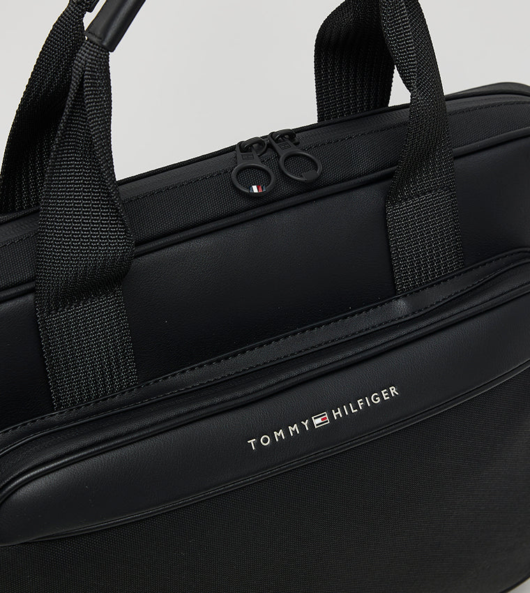 Tommy Hilfiger Black Laptop Bag for Men – Premium Faux Leather Business Briefcase#BL-02