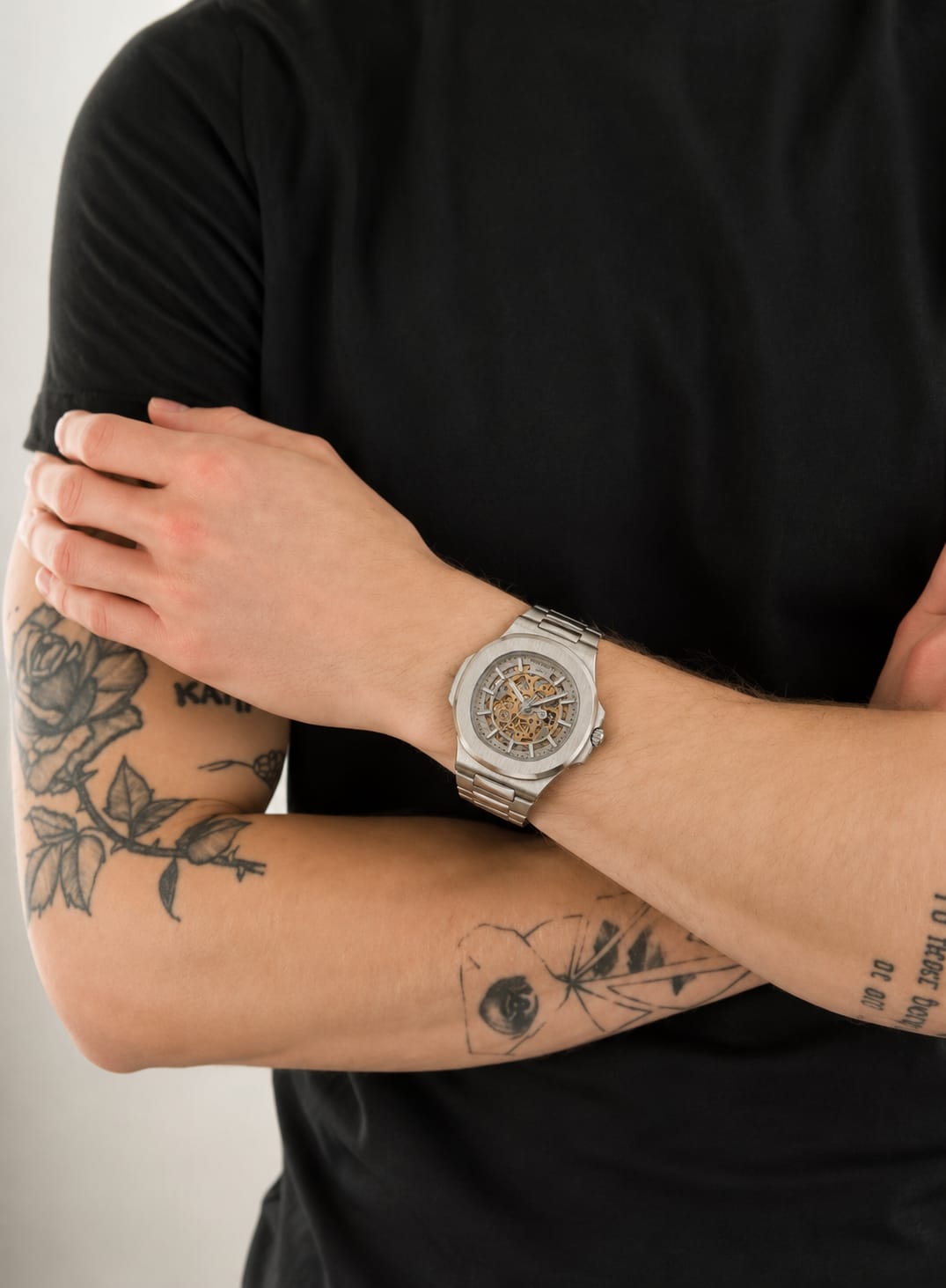 Luxury Skeleton Automatic Watch – Nautilus-Style Integrated Bracelet Design, Silver Stainless Steel Case & Bracelet
