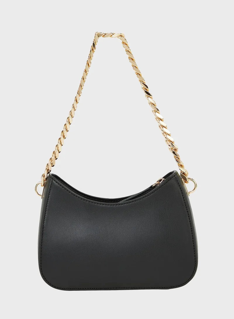 Women's Black Quilted Shoulder Bag with Gold Chain Strap, Crossbody Handbag