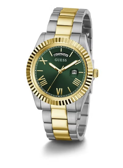 Guess Connoisseur Men’s Day-Date Watch GW0265G8 – 42mm Two-Tone Stainless Steel, Green Sunray Dial, Quartz Movement