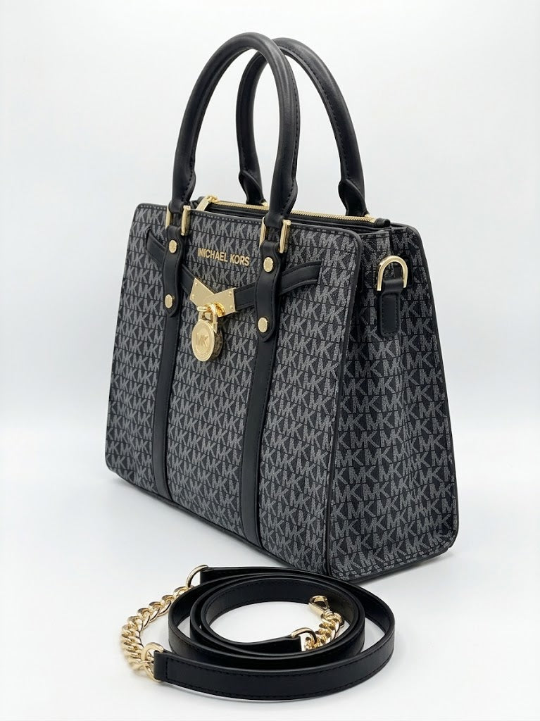 Michael Kors Women's Monogram Signature Satchel Shoulder Bag with Lock Charm & Strap - Black #0026