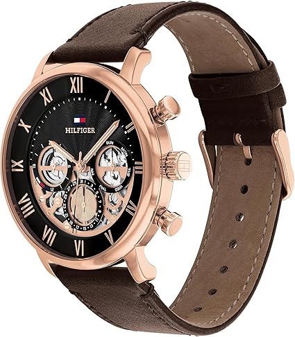 Tommy Hilfiger Legend Men's Watch 1710566 – Black Dial, Brown Leather Strap, Rose Gold Case