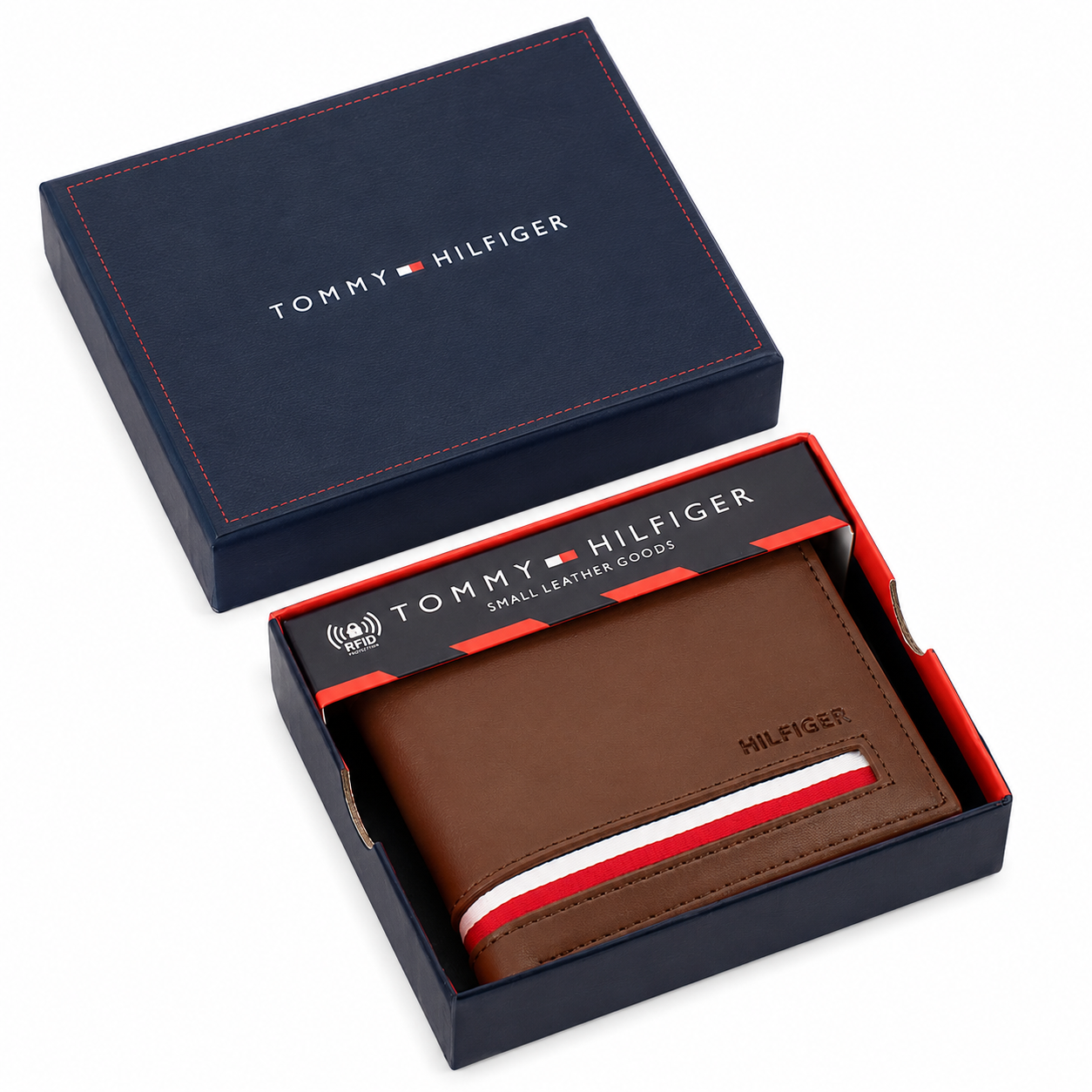 Tommy Hilfiger Men's Bifold Wallet – Brown Leather with Signature Stripe Detail#081