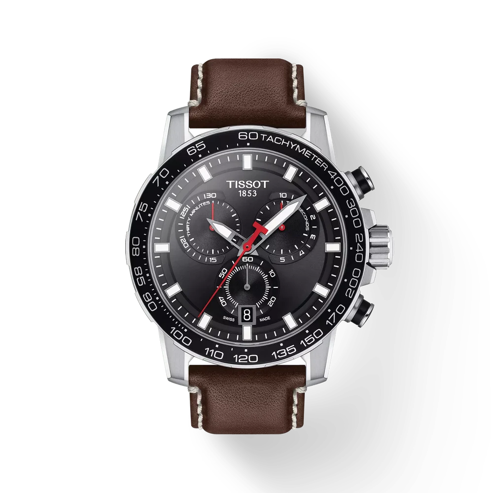 Tissot Supersport Chrono Men's Swiss Quartz Chronograph Watch T125.617.16.051.01 – 45.5 mm, Black Dial & Brown Leather Strap