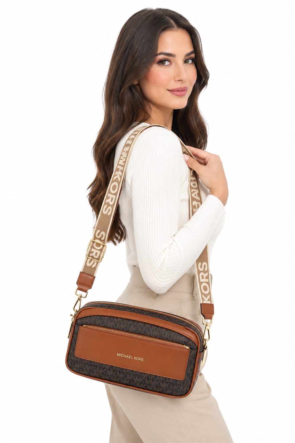 Michael Kors Women's Brown Signature Monogram Crossbody Bag with Adjustable KORS Strap#0080