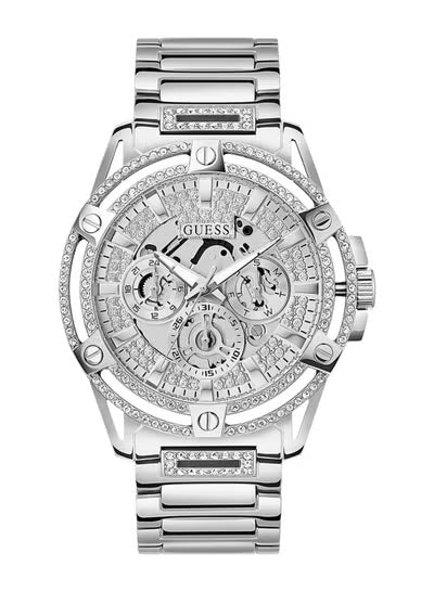 Guess GW0497G1 King Men's Multi-Function Watch – Silver Skeleton Dial with Crystals, Stainless Steel Bracelet, 48mm Quartz