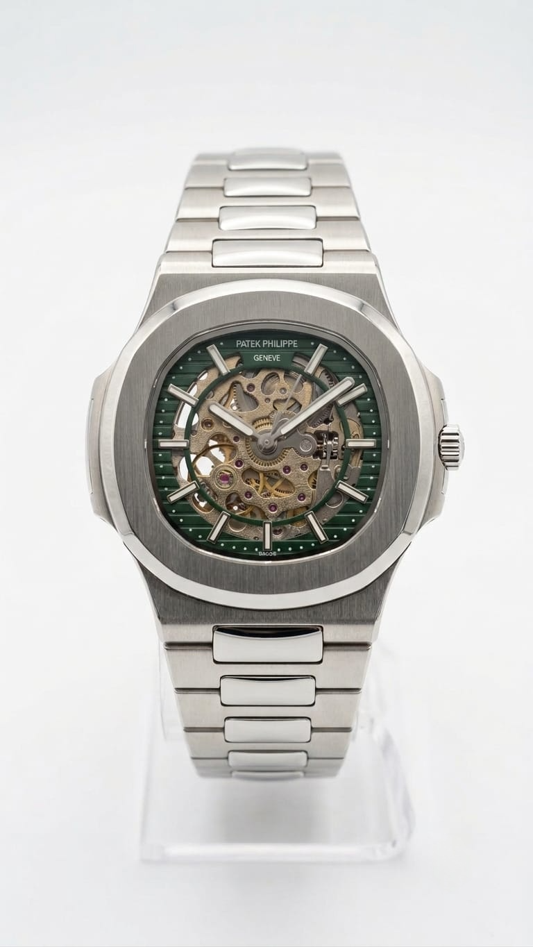 Luxury Nautilus-Inspired Skeleton Automatic Watch – Green Dial, Integrated Stainless Steel Bracelet