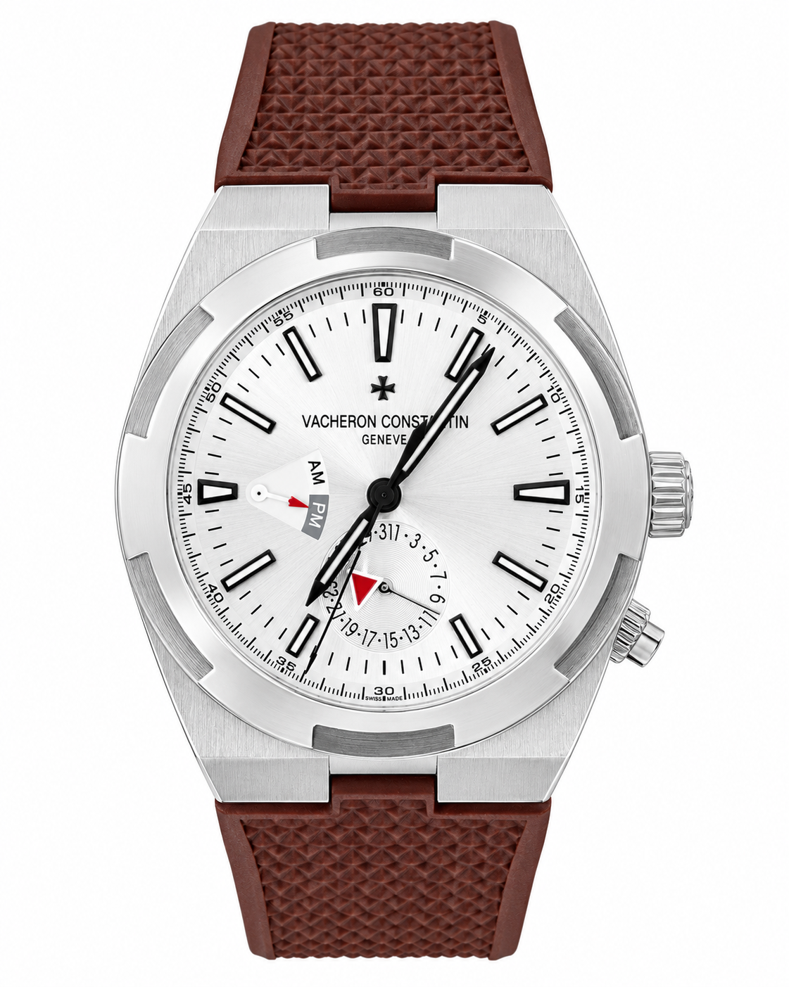Vacheron Constantin Overseas Men's Dual Time Watch with White Dial, Silver Stainless Steel Case, and Brown PVC Strap – 41mm