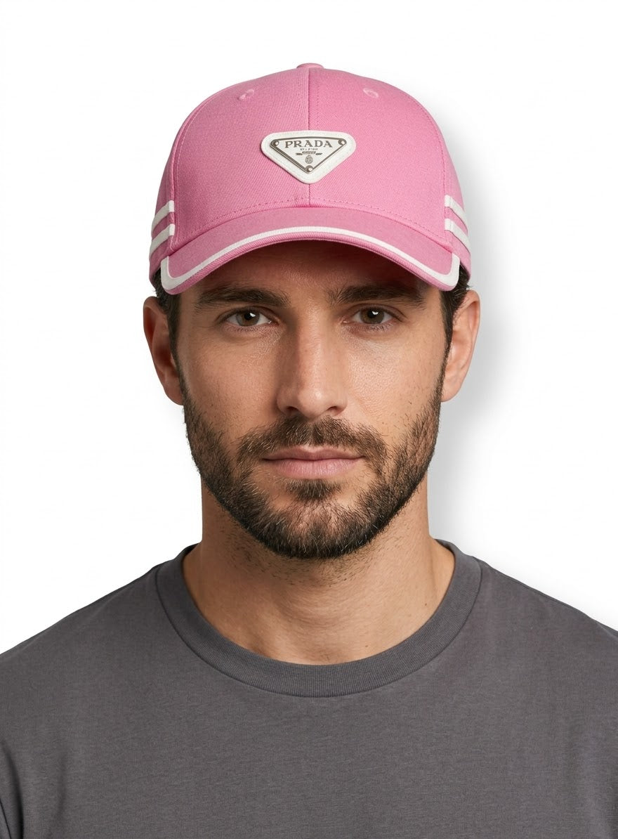 Prada Pink Baseball Cap with White Stripes and Triangle Logo#17