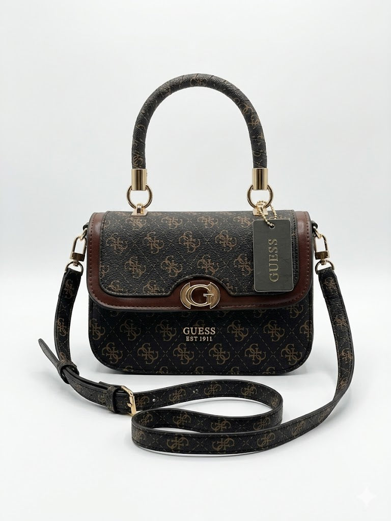 GUESS Luxury Monogram Handbag with Adjustable Crossbody Strap – Dark Brown#190