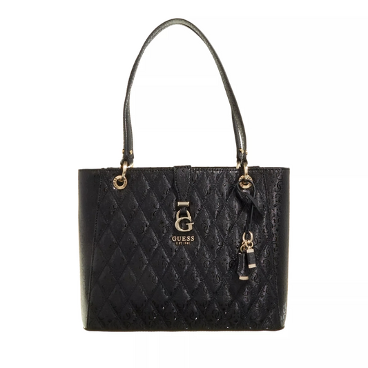 GUESS Adi Noel Tote – Black Quilted Faux Leather with Gold Hardware