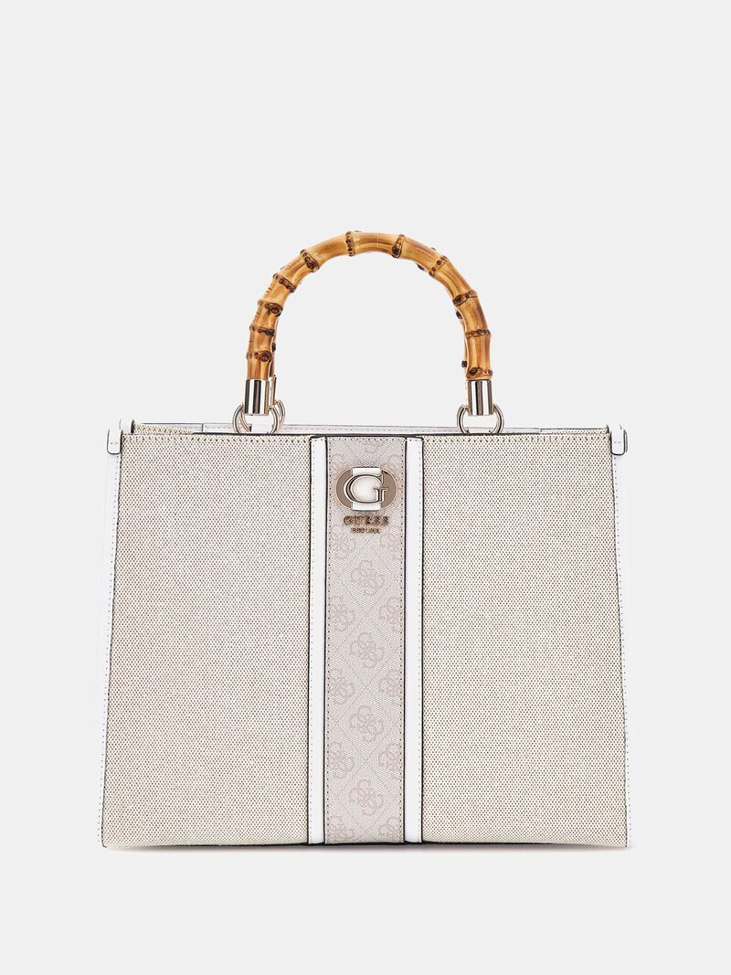 GUESS Kerima 4G Logo Handbag – Beige with Bamboo Handles