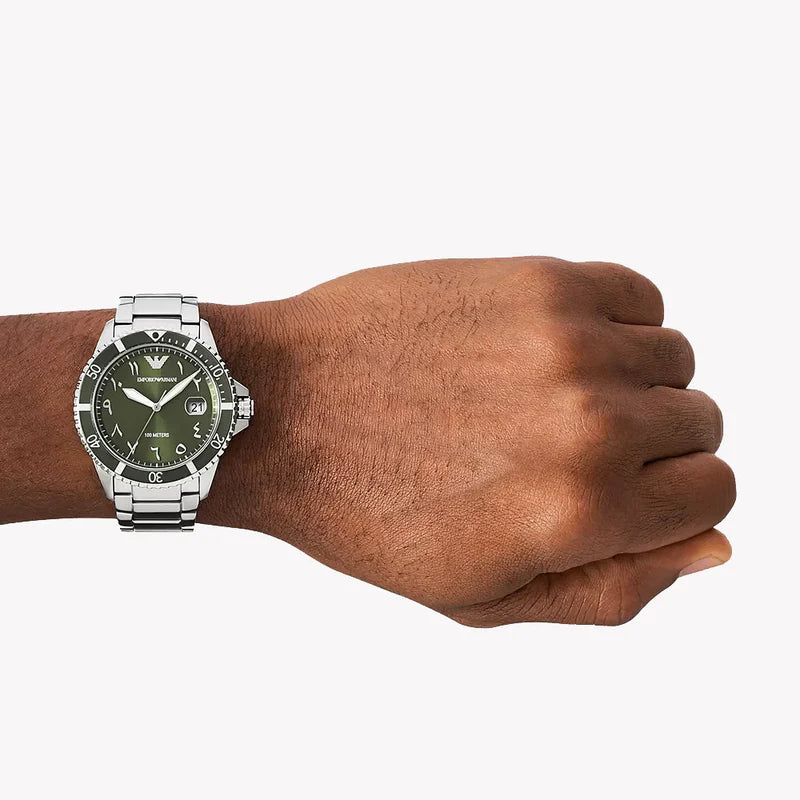 Emporio Armani Men's Watch AR80072SET – 42 mm, Green Dial & Silver Stainless Steel Bracelet