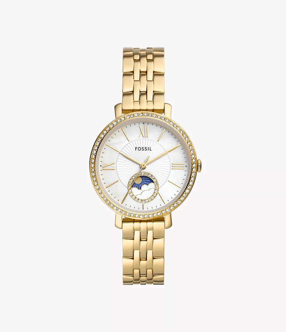 Jacqueline Sun & Moon Multifunction Gold-Tone Stainless Steel Watch with Mother-of-Pearl Dial