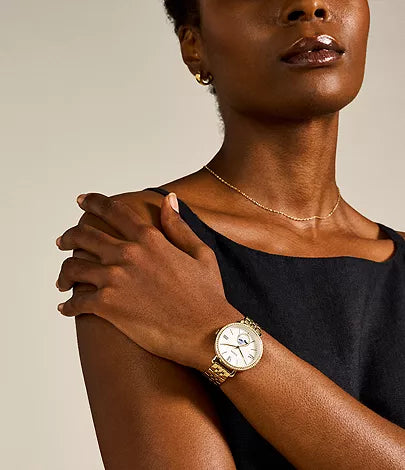 Jacqueline Sun & Moon Multifunction Gold-Tone Stainless Steel Watch with Mother-of-Pearl Dial