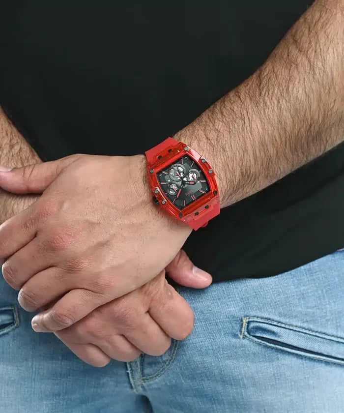 Guess Men's Watch – Model GW0203G5 | Phoenix Collection – Bold Square Design with Red Silicone Strap