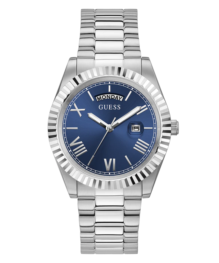 Guess GW0265G7 Men’s Watch – Silver Stainless Steel Bracelet & Blue Sunray Dial | 42mm Quartz Day-Date Elegant Timepiece