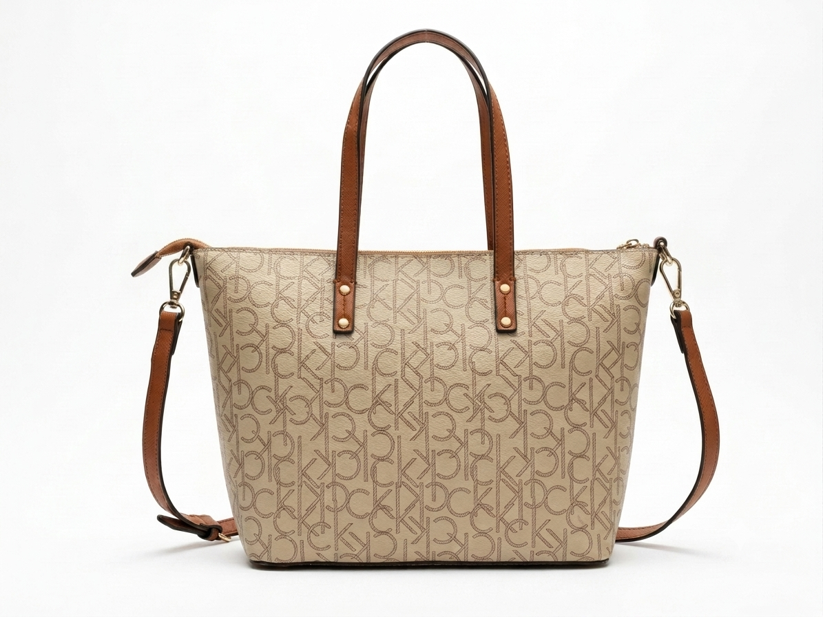 Calvin Klein Women's Monogram Tote & Shoulder Bag with Adjustable Strap - Beige/Brown #0023