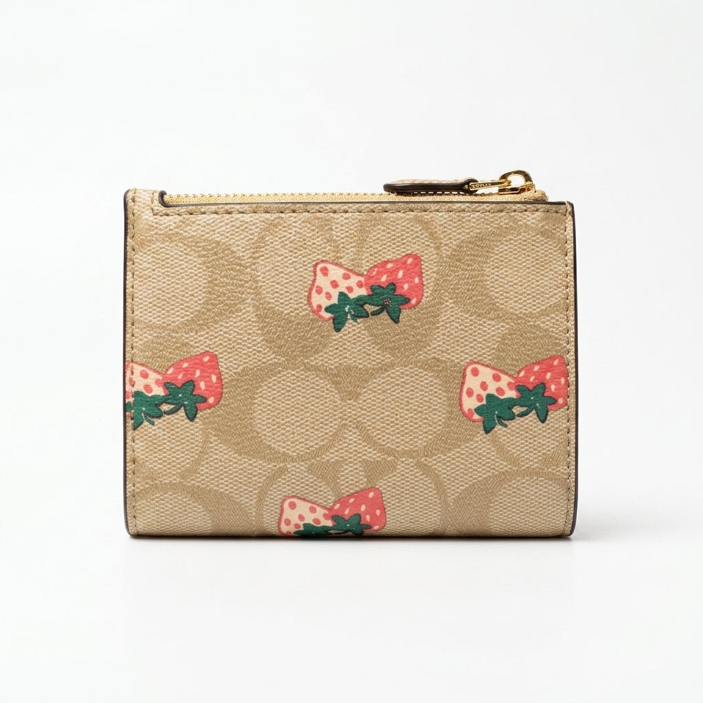 Coach Strawberry Print Signature Canvas Small Zip Wallet - Beige/Multi #0009