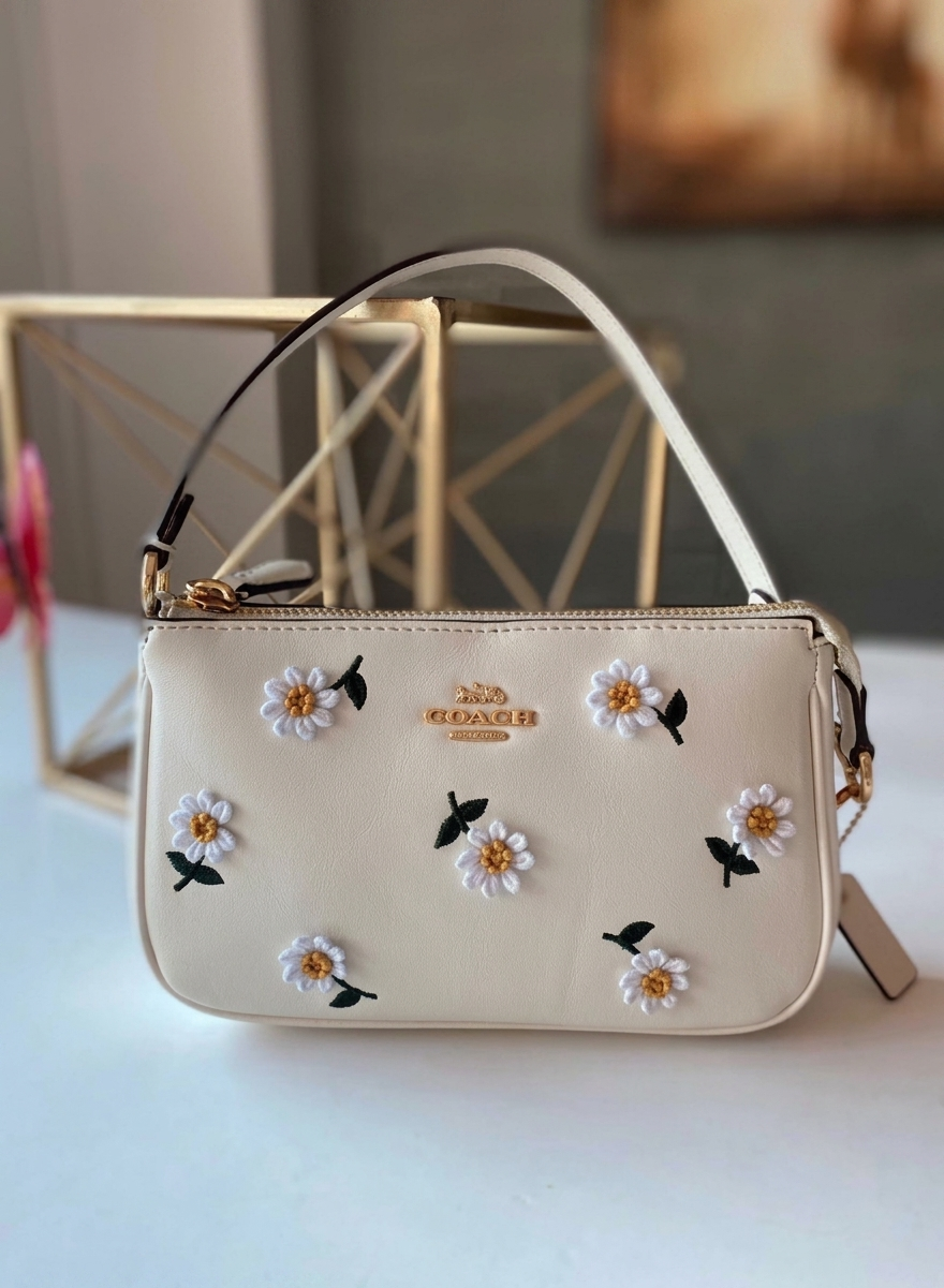 Coach Nolita 19 Leather Wristlet Handbag with Daisy Embroidery – White #27