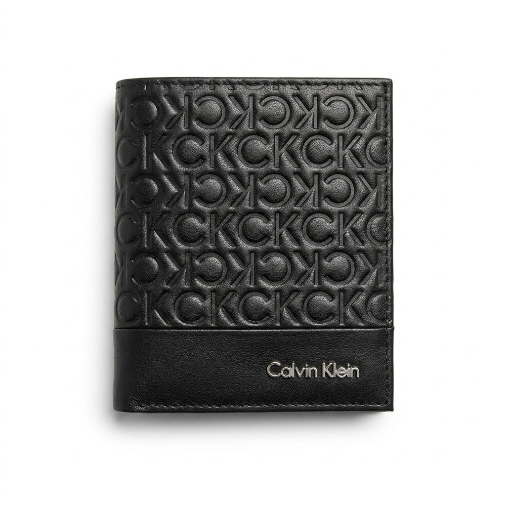 Calvin Klein Men's Premium Black Leather Wallet – Embossed Logo Bi-Fold / Passcase #0001