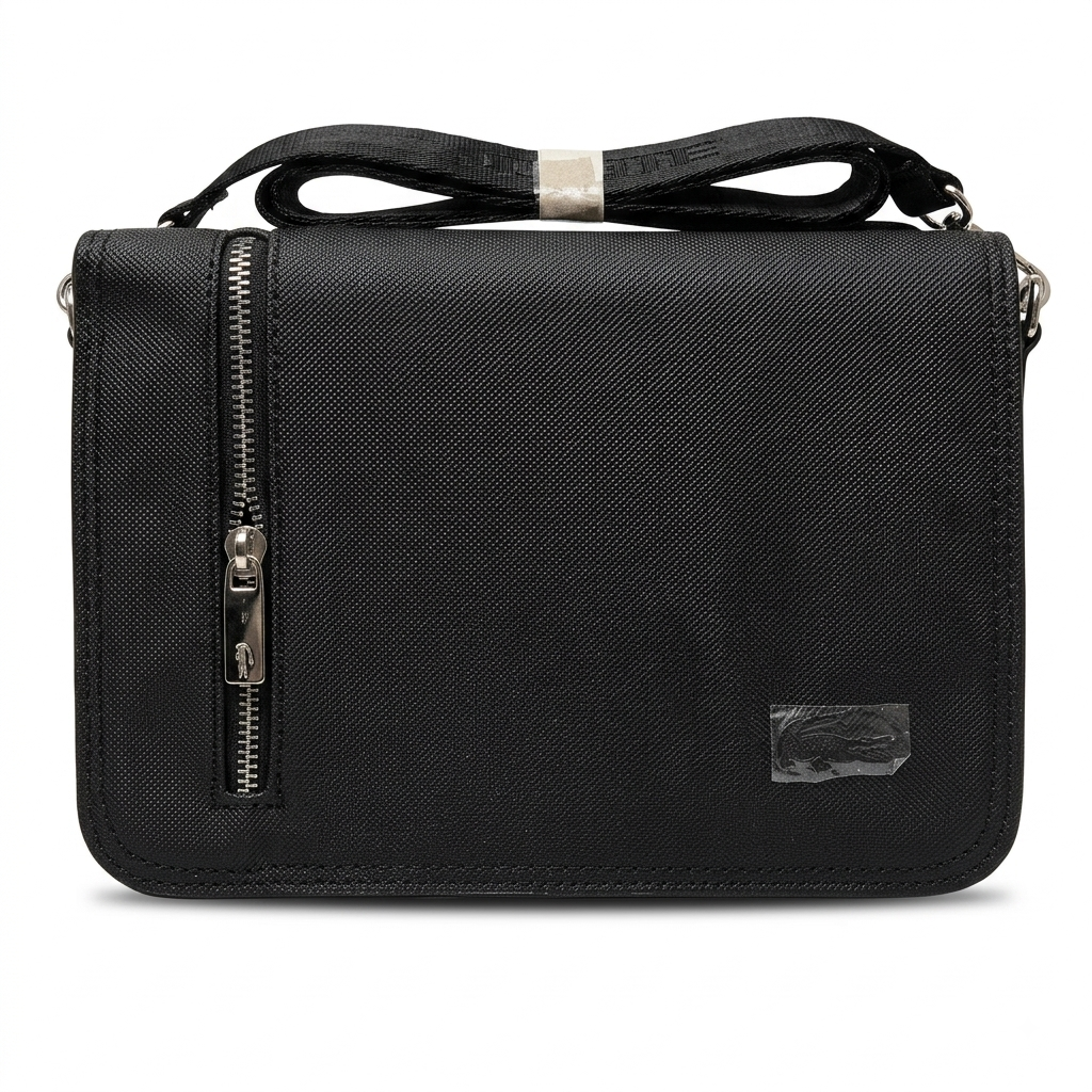 Lacoste Men's Black Flap Crossbody Messenger Bag with Branded Strap #0023