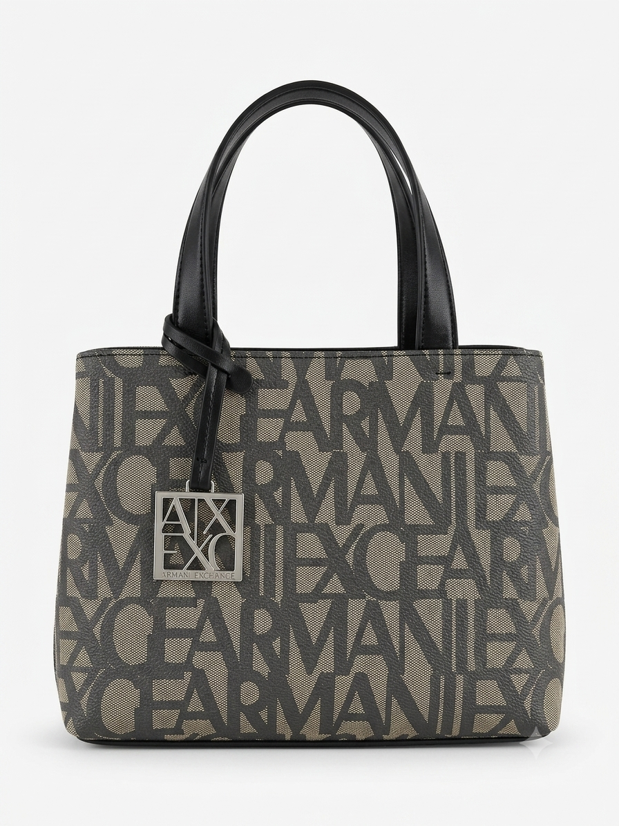 A|X Armani Exchange Medium Tote Bag – Beige & Black Logo Monogram, Urban Luxe Style #8