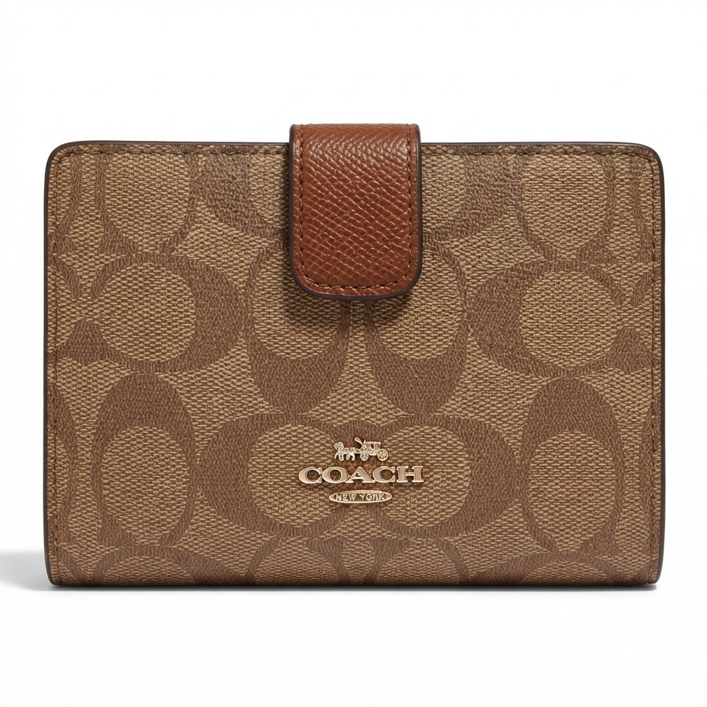 Coach Women's Signature Print Medium Snap Wallet - Classic Brown #0020