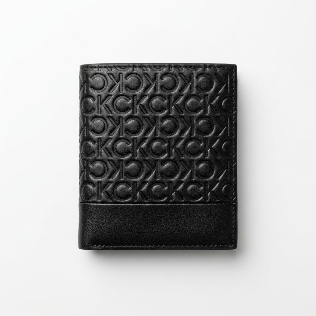 Calvin Klein Men's Premium Black Leather Wallet – Embossed Logo Bi-Fold / Passcase #0001