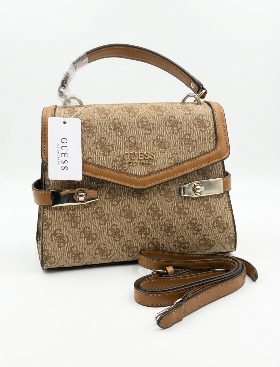 Guess Logo Top Handle Bag with Shoulder Strap - Classic Brown #0198