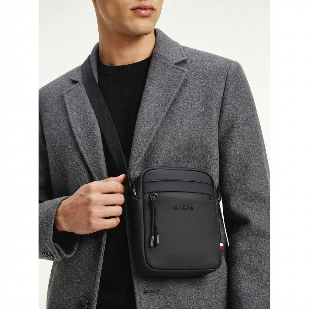 Tommy Hilfiger Men's Black Crossbody Bag with Magnetic Back Pocket