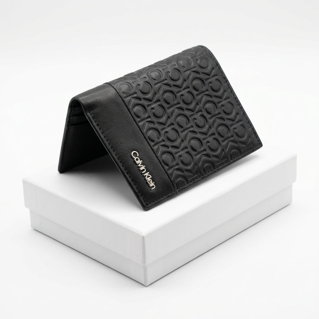 Calvin Klein Men's Premium Black Leather Wallet – Embossed Logo Bi-Fold / Passcase #0001