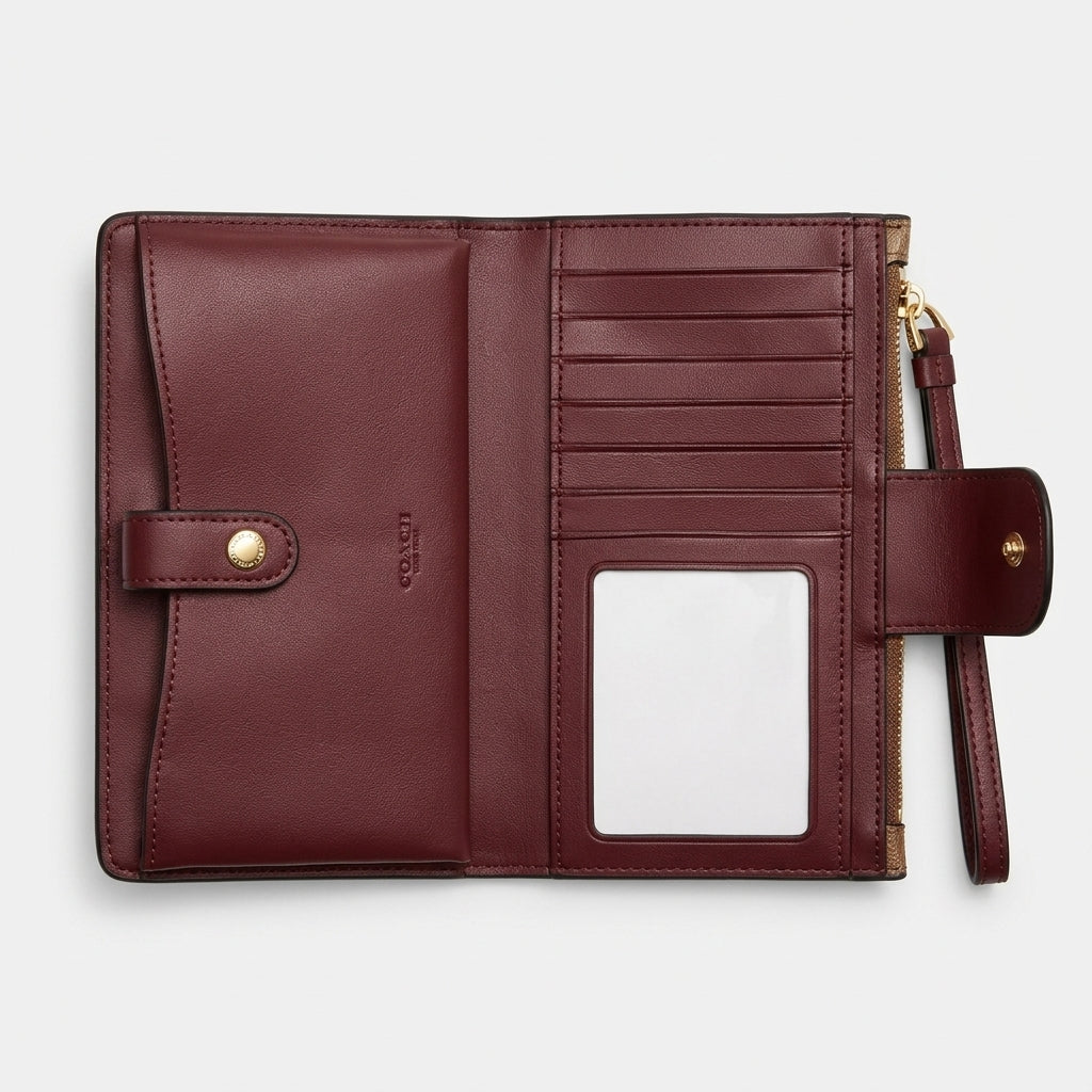 Coach Signature Monogram & Burgundy Leather Women's Wallet with Wristlet #0005