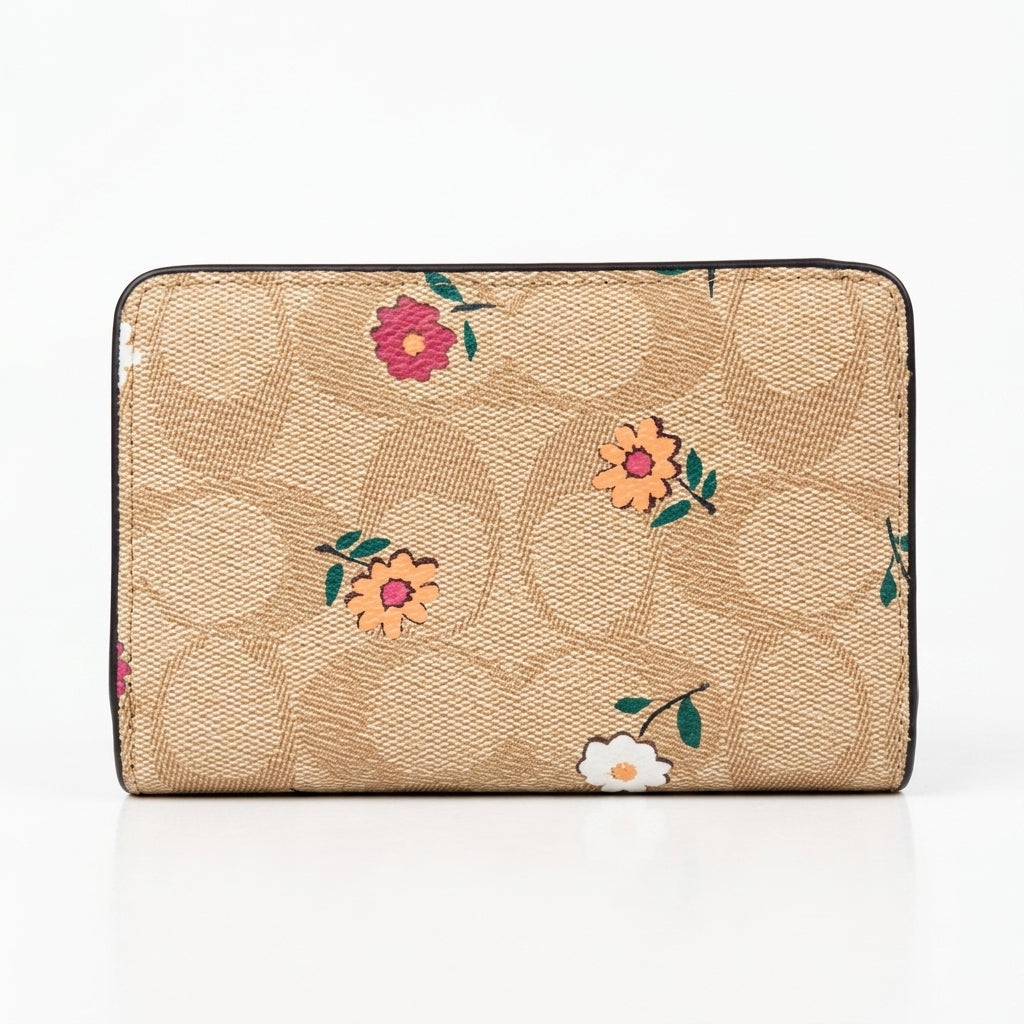 COACH Medium Floral Signature Canvas Wallet in White & Tan #0014