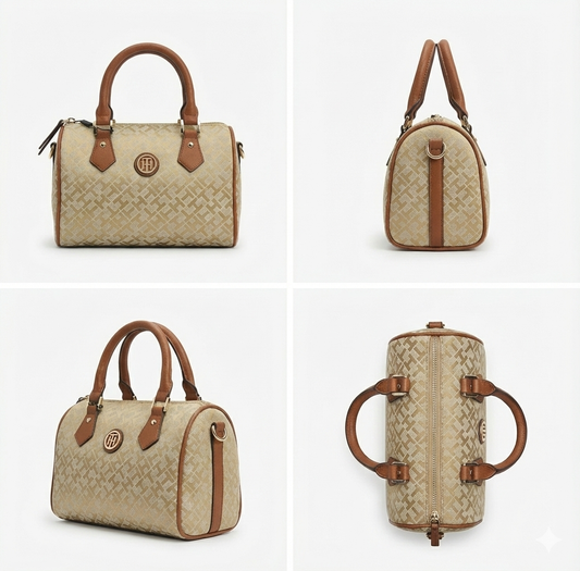 Tommy Hilfiger Women’s Monogram Jacquard Satchel Bag – Gold Beige/Tan