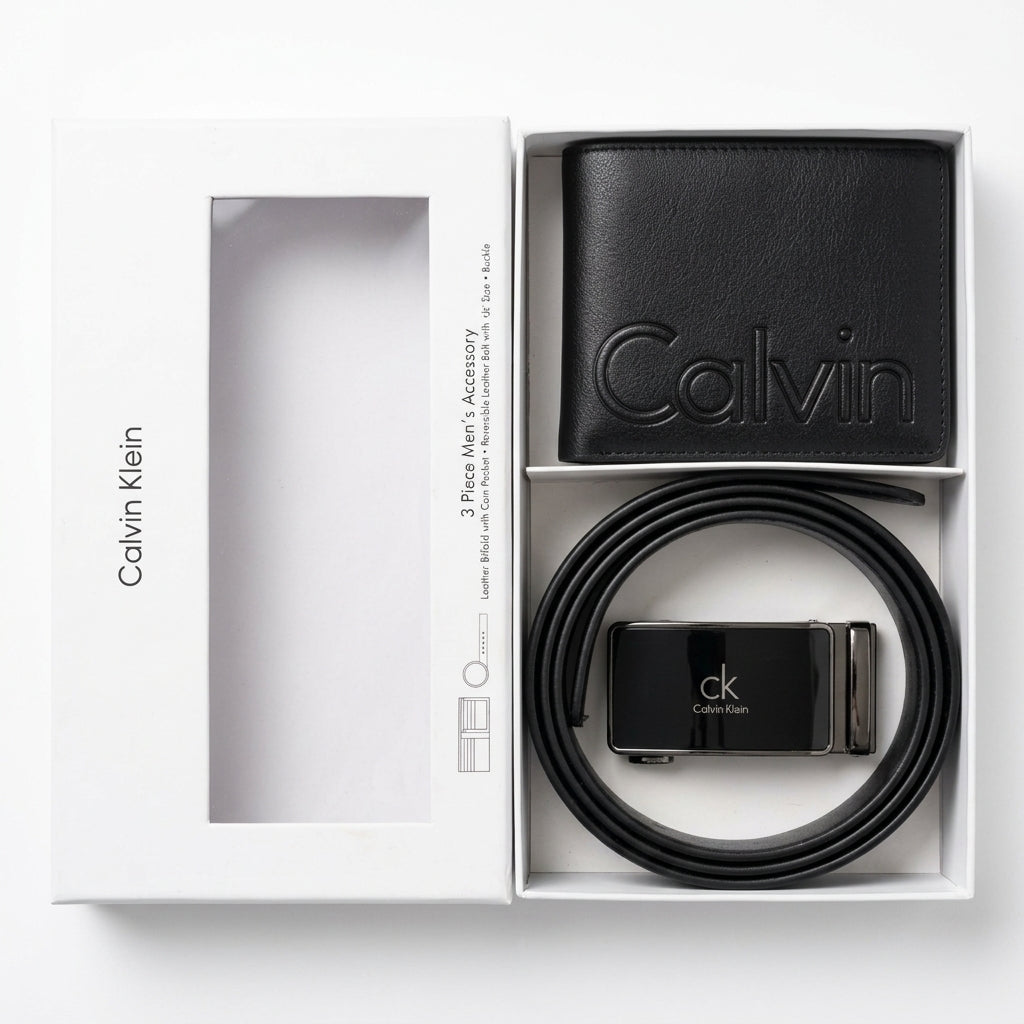 Calvin Klein Men's Leather Accessory Gift Set - Bifold Wallet & Automatic Buckle Belt with Premium Box #08