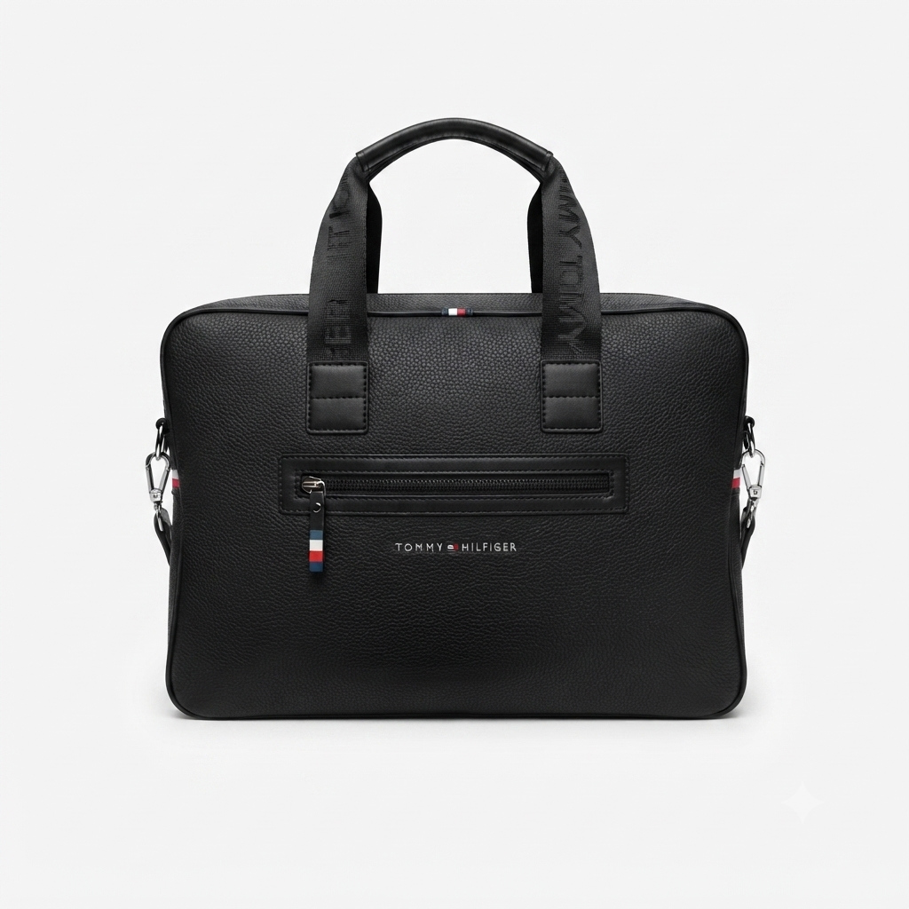 Tommy Hilfiger Men's Premium Faux Leather Laptop Briefcase & Business Bag - Black #0082