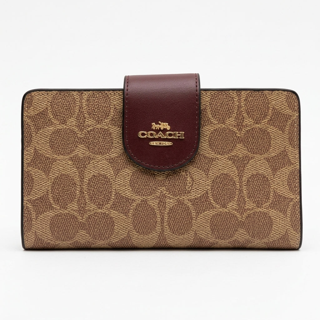 Coach Signature Monogram & Burgundy Leather Women's Wallet with Wristlet #0005